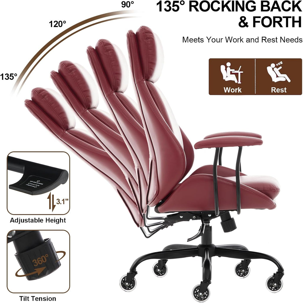 E-Motie Office Chair, Leather Desk Chair with Rubber Wheels, Ergonomic Computer Chair 500 LBS with Lumbar Support, High Back Executive Chair for Modern Home Office, Red