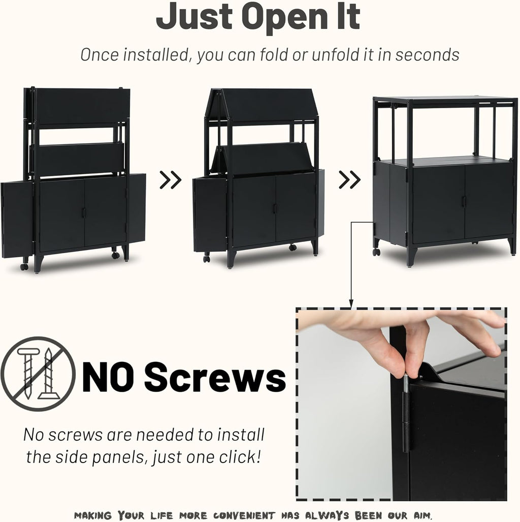 Metal Folding Storage Cabinet, Morden Buffet Foldable Sideboard, Steel Entryway Console Cabinet with Wheel for Patio Outdoor Indoor Kitchen Bathroom, 5mins Assembly (Black)