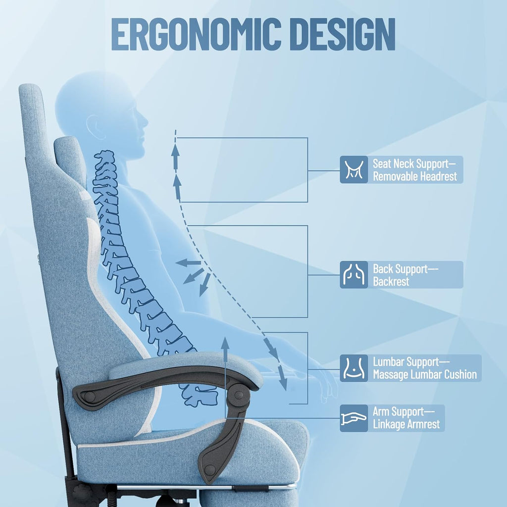 Soontrans Blue Gaming Chair, Fabric Ergonomic Computer Chair with Footrest and Linkage Armrest for Adult, High Back Office Game Chair with Massage Lumbar Support