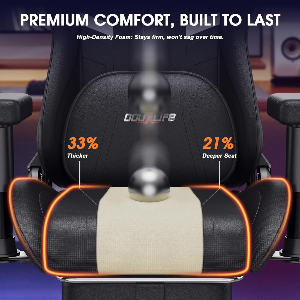 Douxlife 3D Kneading Massage Gaming Chair with Footrest, 400lbs Heavy Duty PC Computer Office Chair for Adults, Adjustable 2D Armrests, Ergonomic 175° Recline & Optional Heat, Dark Black