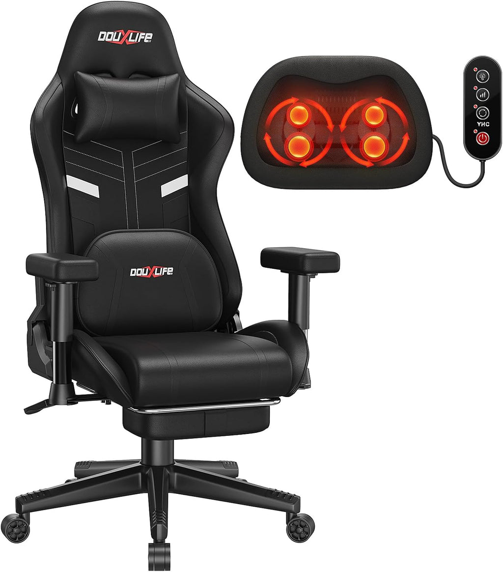 Douxlife 3D Kneading Massage Gaming Chair with Footrest, 400lbs Heavy Duty PC Computer Office Chair for Adults, Adjustable 2D Armrests, Ergonomic 175° Recline & Optional Heat, Dark Black