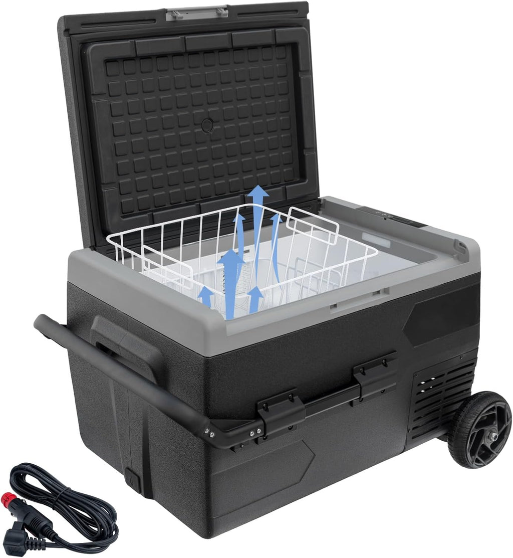 12Volt Car Refrigerator, 50L Portable Freezer/Fridge, DC 12V/24V Camping Cooler with wheels, -4℉~68℉, Basket, Compact Refrigerator for Outdoor, RV, Boat, Travel, Multi-directional Lid, Black