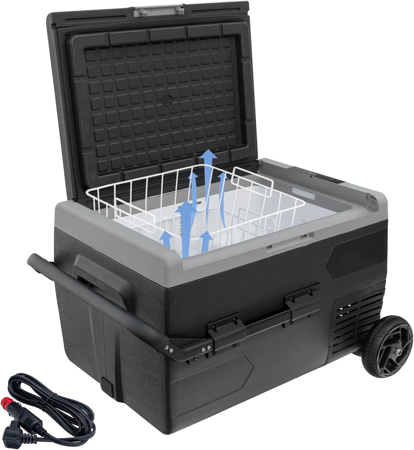 12Volt Car Refrigerator, 50L Portable Freezer/Fridge, DC 12V/24V Camping Cooler with wheels, -4℉~68℉, Basket, Compact Refrigerator for Outdoor, RV, Boat, Travel, Multi-directional Lid, Black
