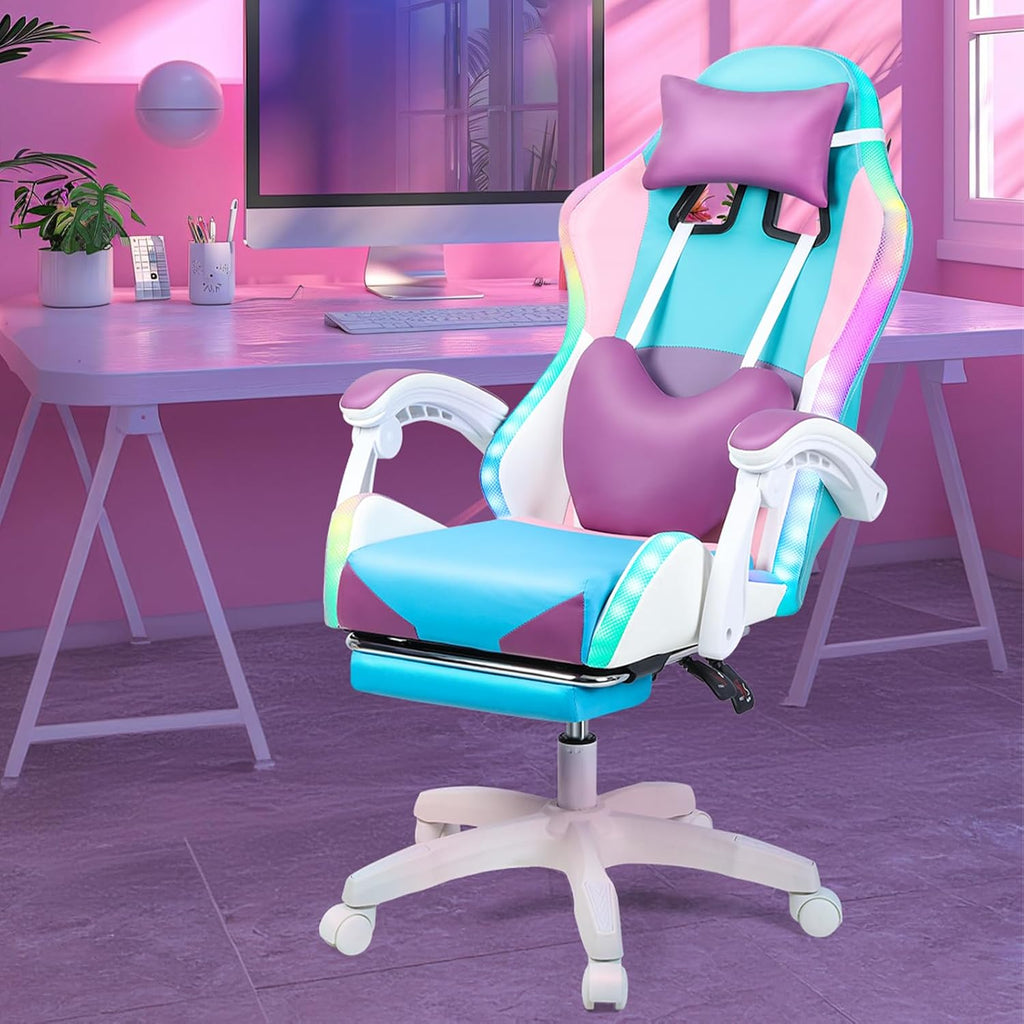 Gaming Chair,Office Massage Computer Chair with Bluetooth Speaker,RGB LED Lights,Adjustable Height Swivel Task Chair with Footrest Lumbar Support,Video Game Chair for Adults (Purple)