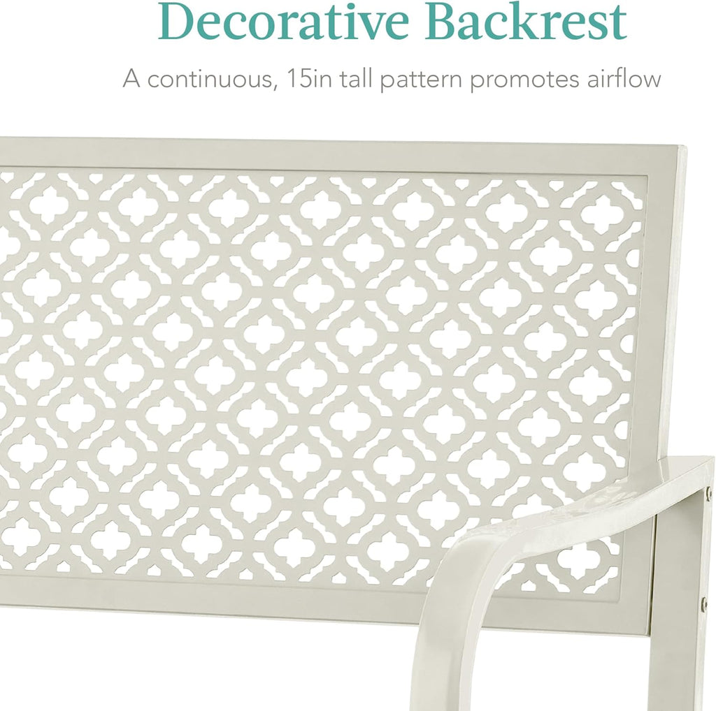 Best Choice Products Outdoor Bench 2-Person Metal Steel Benches Furniture for Garden, Patio, Porch, Entryway w/Geometric Backrest, 790lb Capacity - Ivory