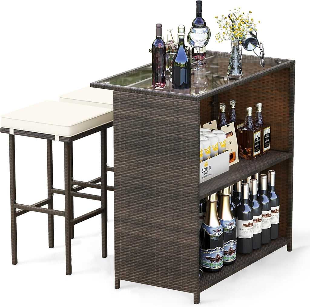 Tangkula Patio Bar Set, 3 Piece Outdoor Rattan Wicker Bar Set with 2 Cushions Stools & Glass Top Table, Outdoor Furniture Set for Patios Backyards Porches Gardens Poolside (Beige)
