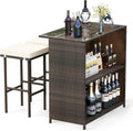 Tangkula Patio Bar Set, 3 Piece Outdoor Rattan Wicker Bar Set with 2 Cushions Stools & Glass Top Table, Outdoor Furniture Set for Patios Backyards Porches Gardens Poolside (Beige)