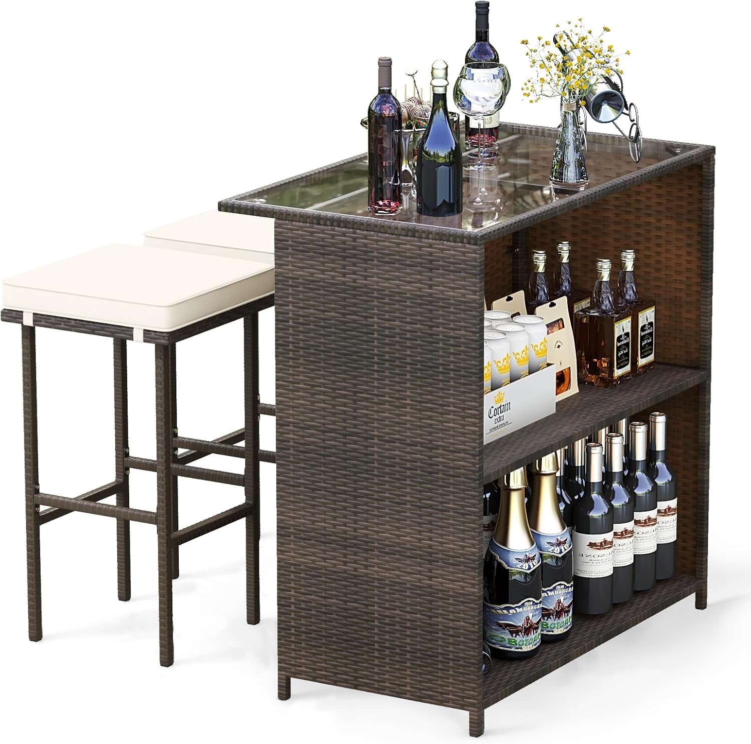 Tangkula Patio Bar Set, 3 Piece Outdoor Rattan Wicker Bar Set with 2 Cushions Stools & Glass Top Table, Outdoor Furniture Set for Patios Backyards Porches Gardens Poolside (Beige)