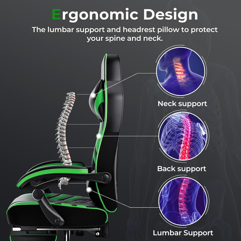 POWERSTONE Gaming Chair Video Game Chair with Footrest and Lumbar Support Racing Style PU Leather Computer Chair Ergonomic Adjustable Swivel Task Chair Green