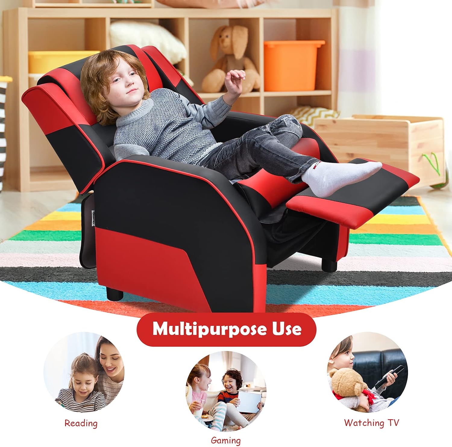 ARLIME Kids Recliner, PU Leather Kid Lounge Chair w/Footrest, Armrest, Headrest & Lumbar Support, Adjustable Gaming Toddler Sofa Armchair for Boys Girls (Red)