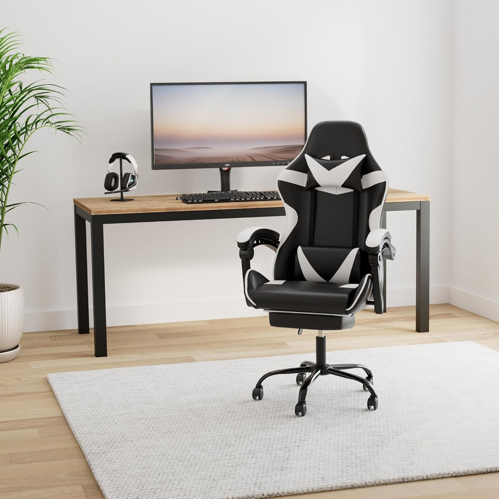YSSOA Gaming Chair, Computer Chair with Footrest, Height Adjustable & 90°-135° Tilt Function, Swivel Recliner Ergonomic Racing Style Video Game Chair with Lumbar Support (Black/White)