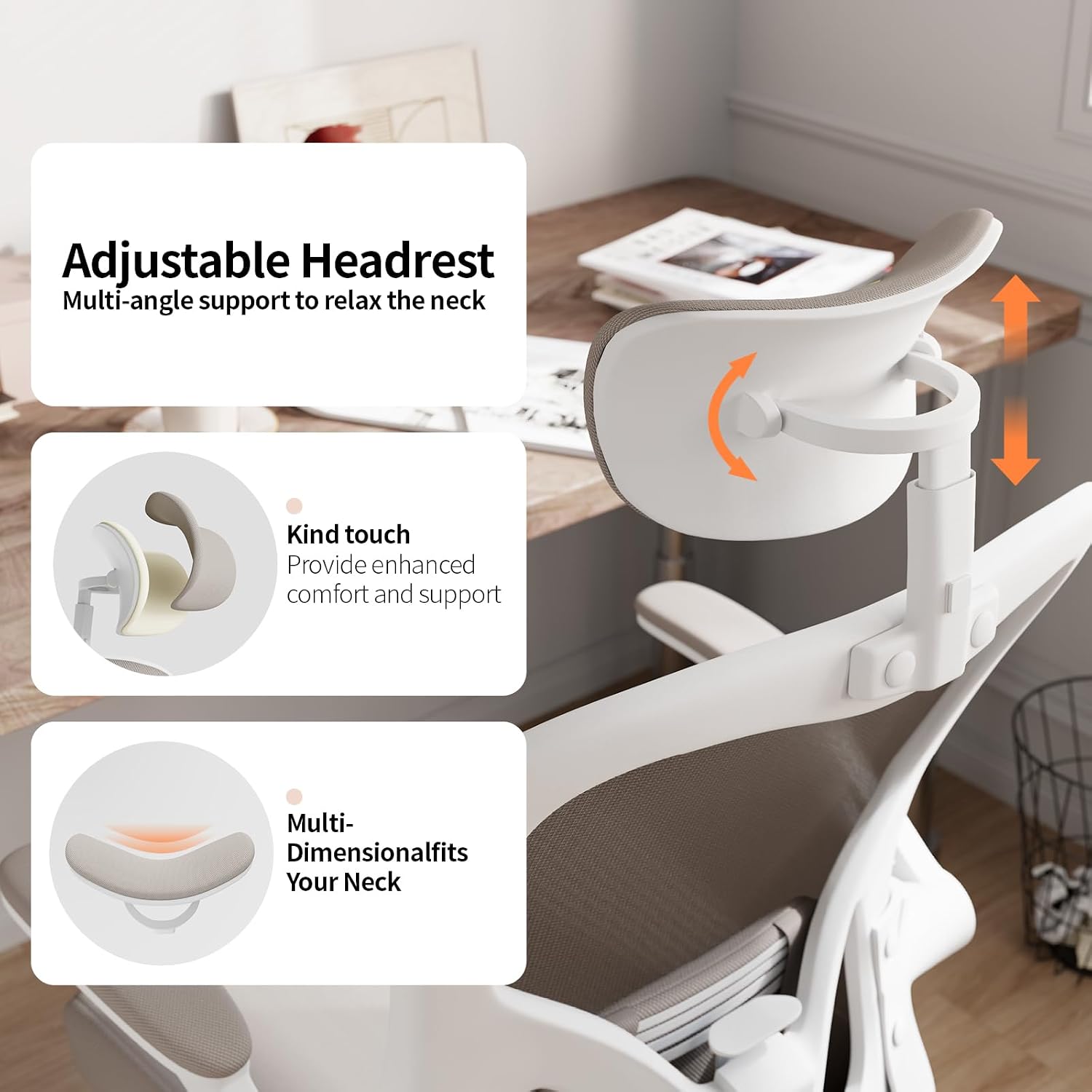 Office Chair Ergonomic Desk Chair with Lumbar Support&Headrest&Flip-up Arms Height Adjustable Rocking Swivel High Computer Chair Multi-Angle from 90° to 125° with 350LBS Capacity(White+Khaki-2)