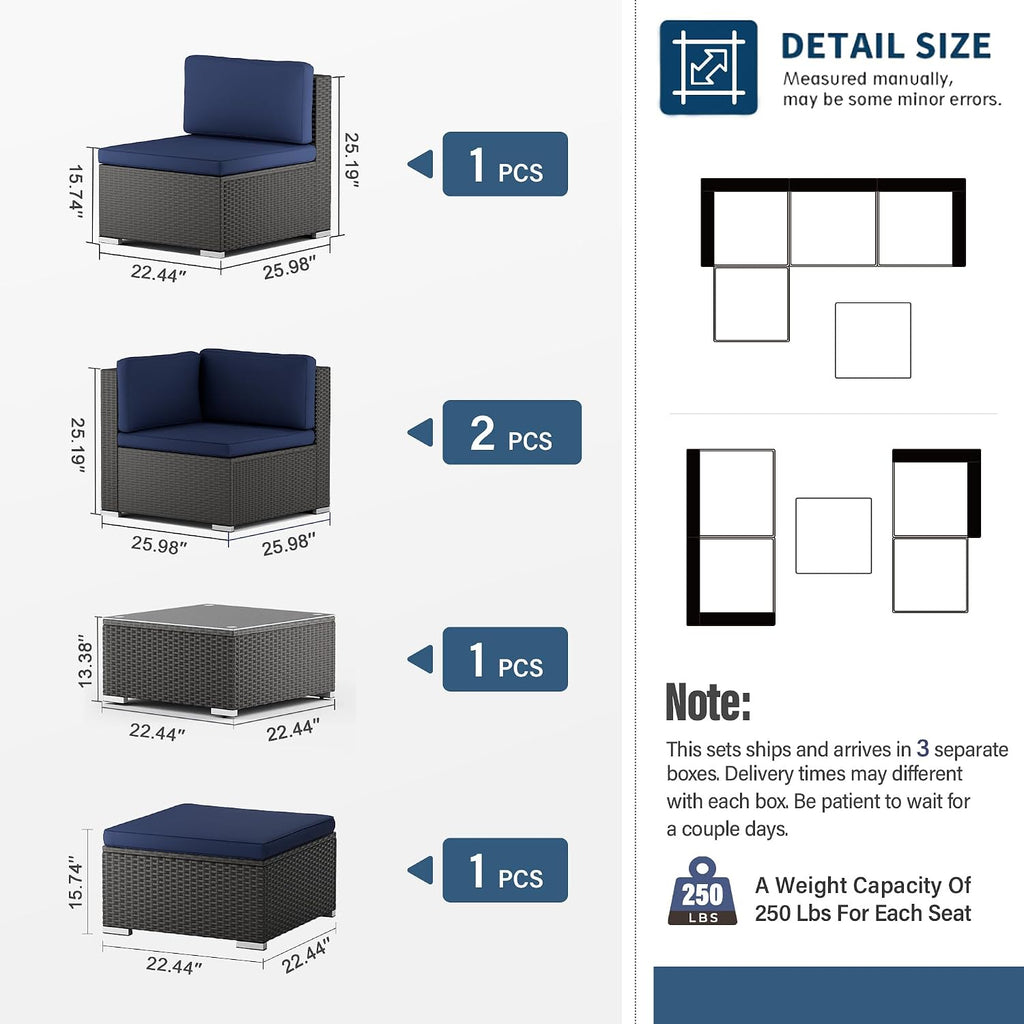 Oakcloud 5-Piece Outdoor Patio Furniture Sofa Set Black Rattan Wicker Sectional Conversation Sets with Glass Top Table and Cushions(Dark Blue)