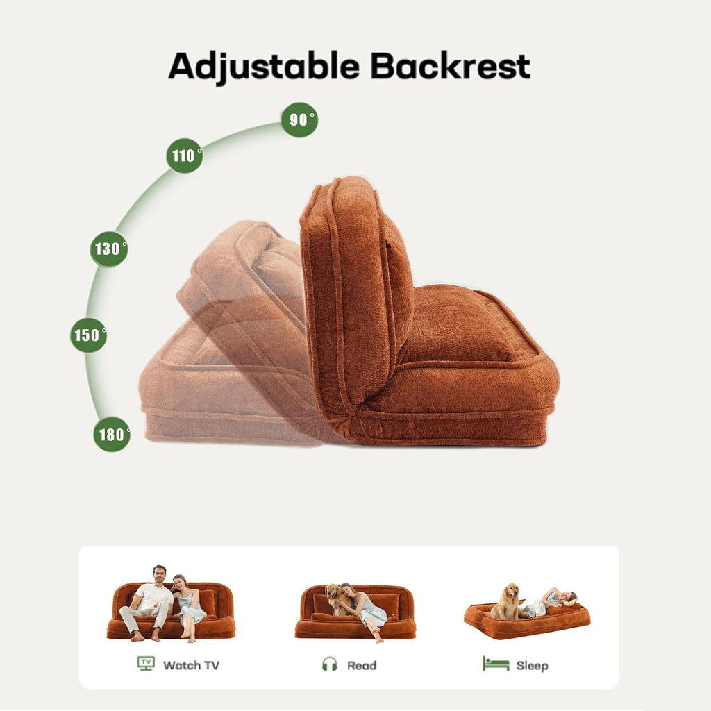 Floor Chair with Back Support, Human Dog Bed, Folding Loveseat with 5 Adjustable Position, 2 Back Cushions, Chenille Meditation Gaming Chair for Lazy Boys, Living Room, Lounge, Bedroom, Orange