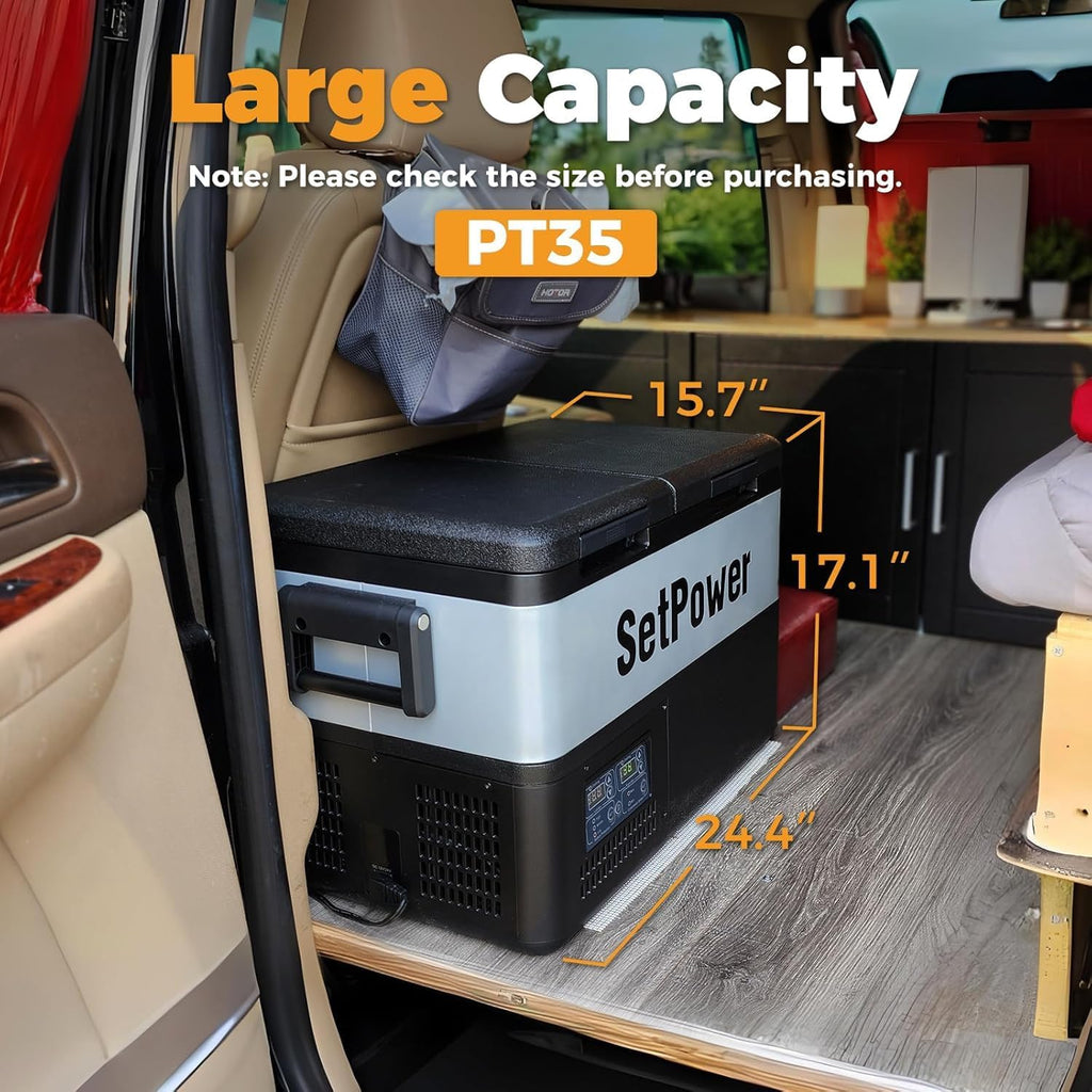 Setpower PT35 Car Refrigerator with Slide,35L Dual Zone Portable Freezer,0℉-50℉,12 Volt Refrigerator Electric Cooler for Car Camping, RV,Truck,Vehicles,Travel and Home Use,12/24V DC