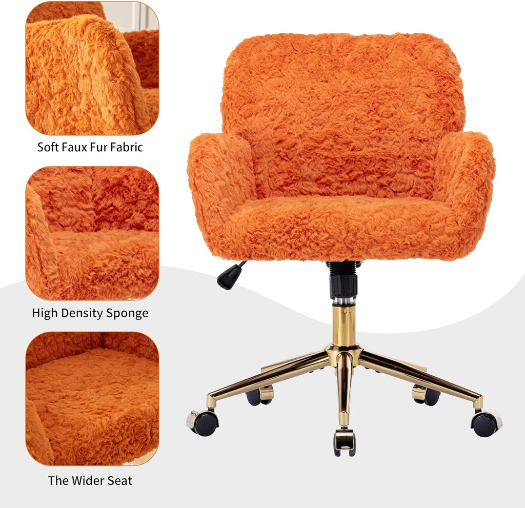 Faux Fur Makeup Vanity Chair, Comfy Fuzzy Home Office Chair with Wheels & Gold Base, Upholstered Adjustable Swivel Desk Chair for Teens Girls Women Home Office, Orange