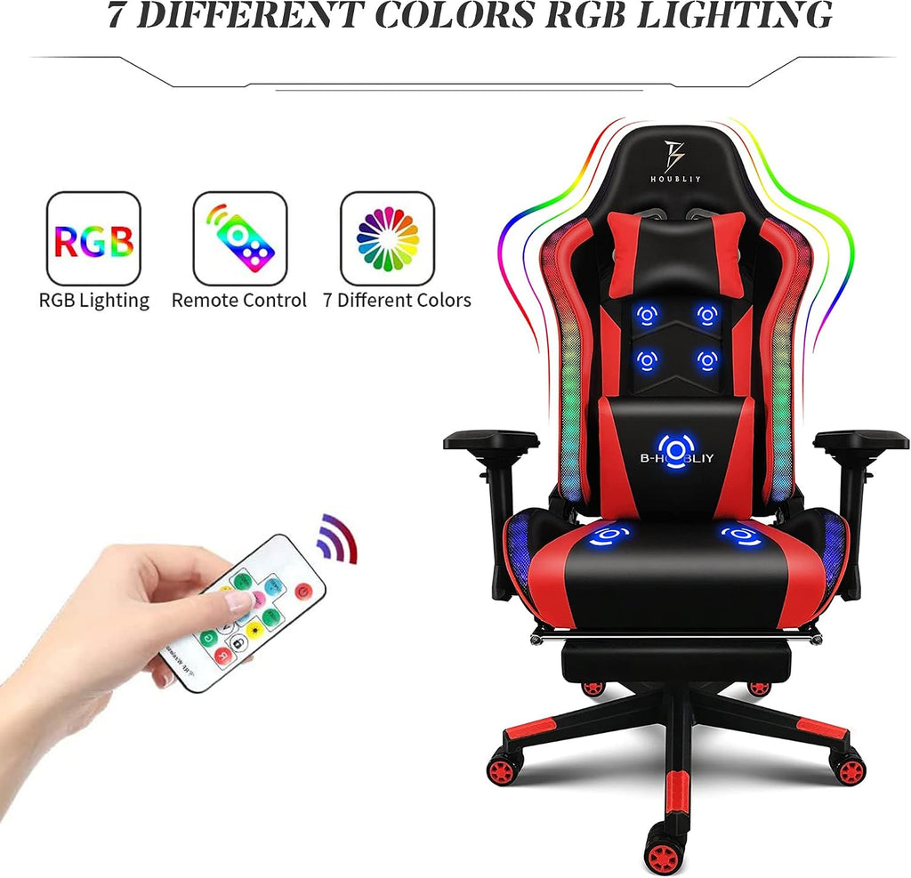 Massage Gaming Chairs with Footrest Video Game Chairs with Speakers and RGB Lights, Ergonomic High Back Computer Chair with Lumbar Support and 4D Handrail PU Leather Gaming Recliner Chair,Black