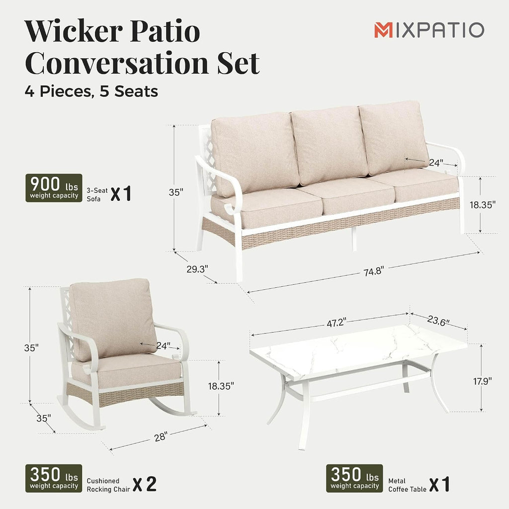 MIXPATIO 4 Piece Patio Furniture Set, 2 x Rocking Chair, 1 x 3-Seat Sofa with Marbling Coffee Table, All Cushioned 5 Seats Outdoor Conversation Set for Lawn Deck Backyard, Beige