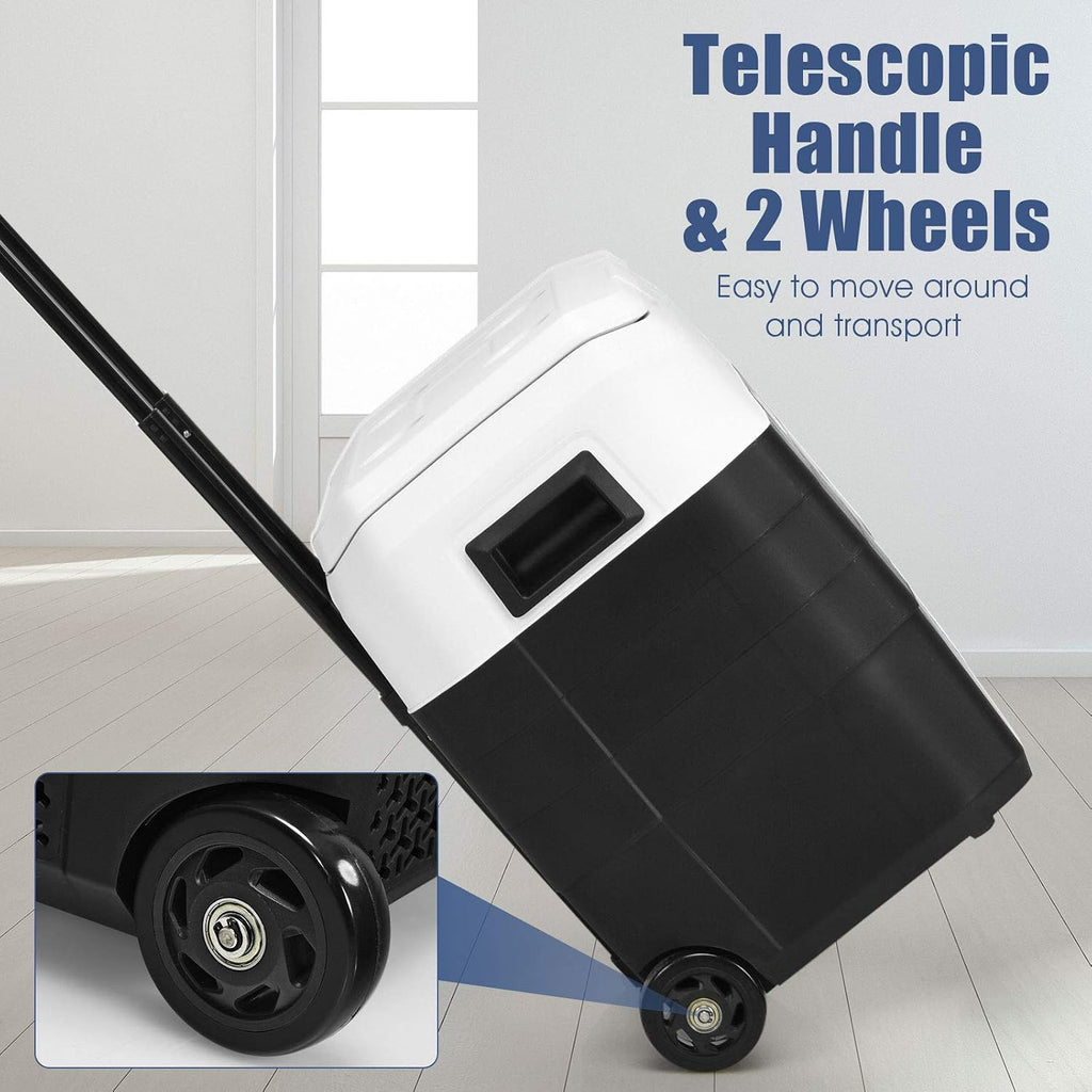 COSTWAY Car Refrigerator with Wheels, 53-Quart Dual-zone Electric Cooler with Telescopic Handle, 12V/24V DC, 100-240V AC, -4°F To 50°F, Portable Fridge Freezer for RV Camping Travel, White+Black
