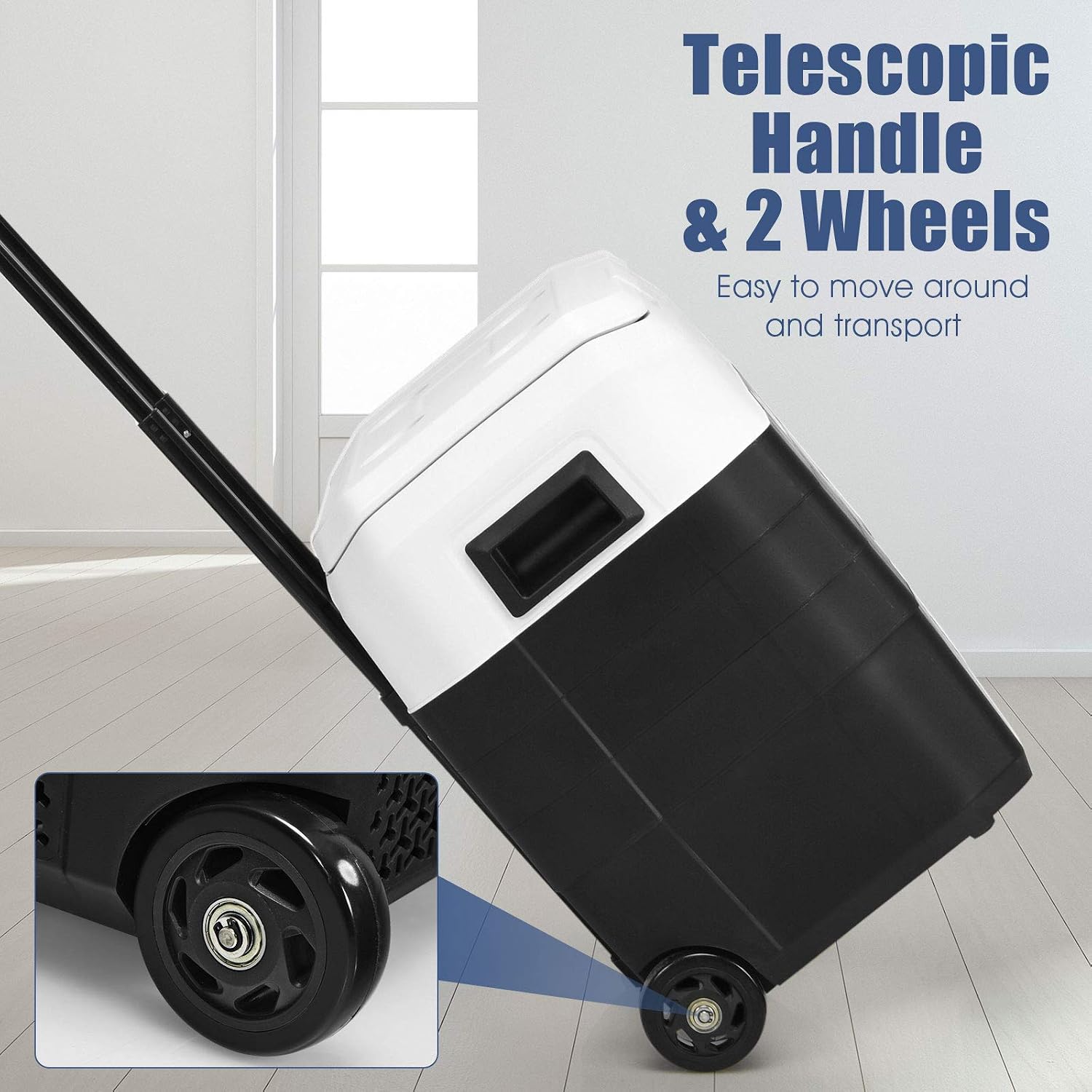 COSTWAY Car Refrigerator with Wheels, 53-Quart Dual-zone Electric Cooler with Telescopic Handle, 12V/24V DC, 100-240V AC, -4°F To 50°F, Portable Fridge Freezer for RV Camping Travel, White+Black