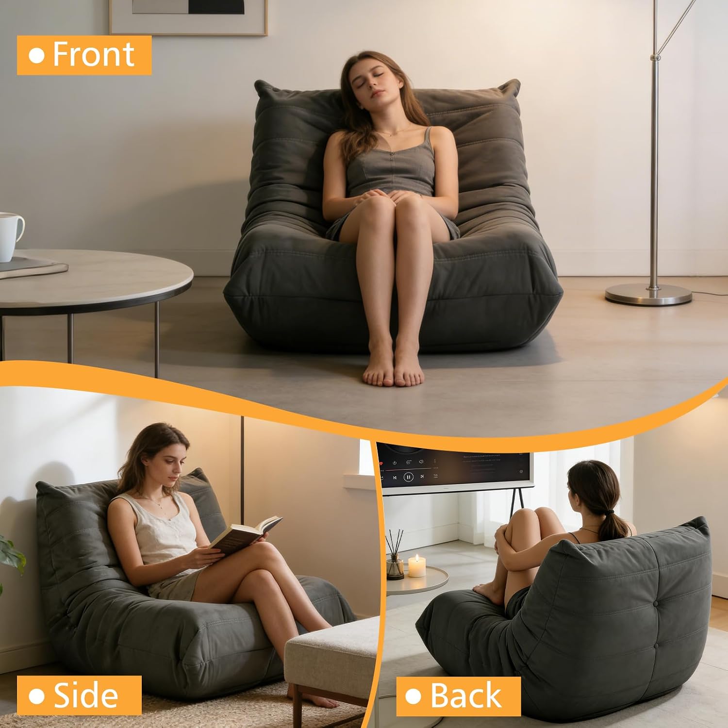 Giant Gaming Bean Bag Chair for Adults & Kids, Oversized Memory Foam Beanbag Couch Reading Chairs with Armless Design, Large Beanbag Sofa Floor Lounger Chair (Dark Gray, Single, Modern)
