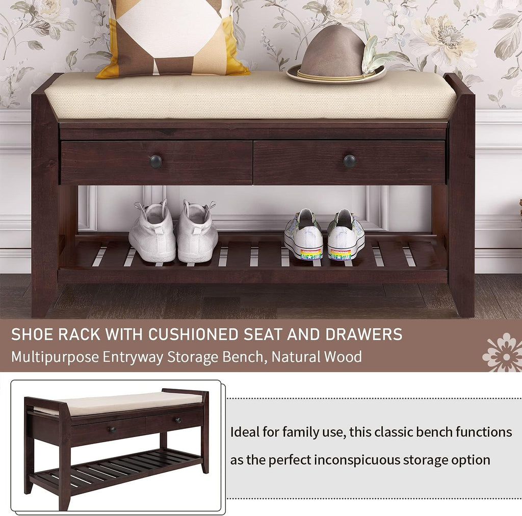 Harper & Bright Designs TREXM Shoe Rack with Cushioned Seat and Drawers, Multipurpose Entryway Storage Bench (Espresso)