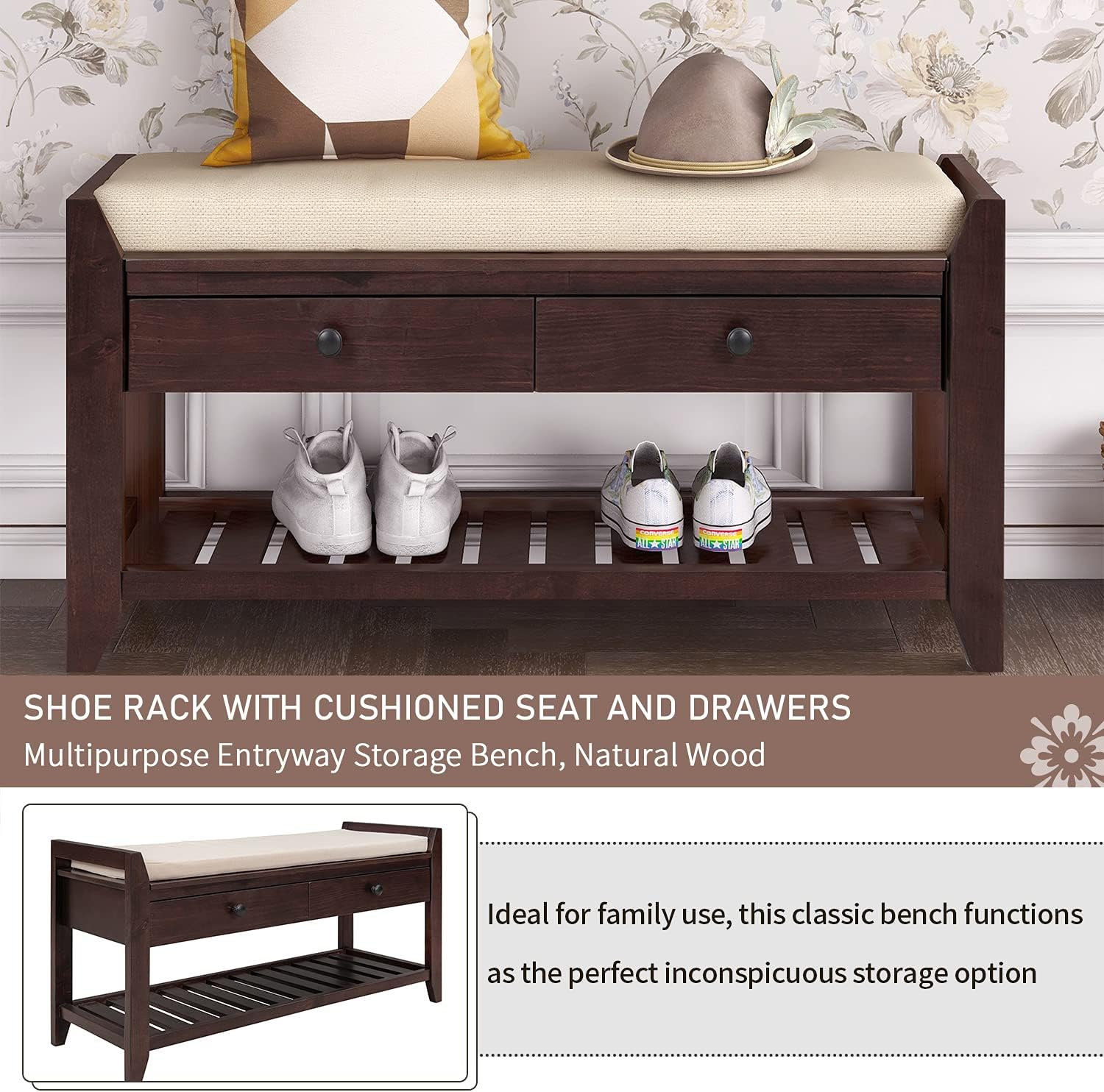 Harper & Bright Designs TREXM Shoe Rack with Cushioned Seat and Drawers, Multipurpose Entryway Storage Bench (Espresso)