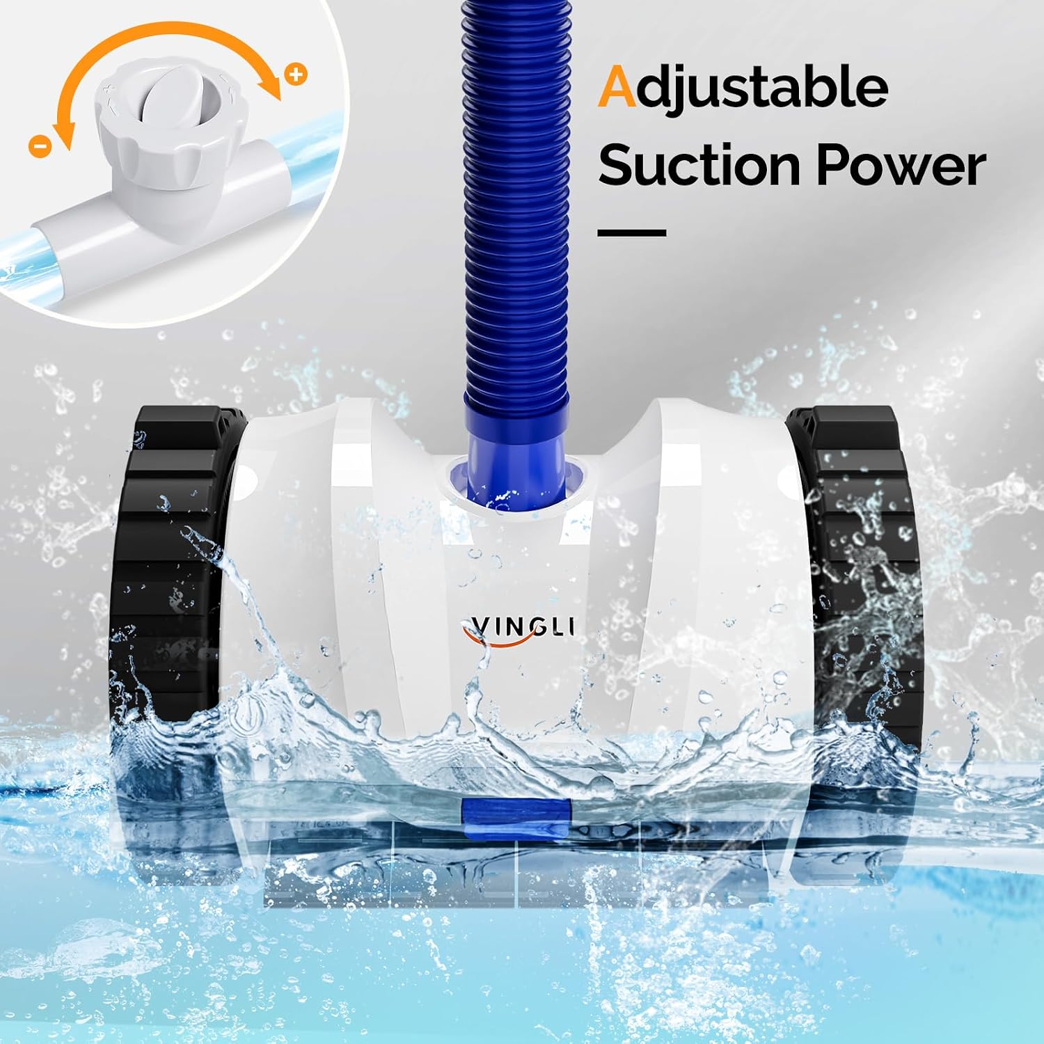 VINGLI Automatic Suction Pool Cleaner Robot for Inground Pools – Powerful Suction-Side Vacuum with 40FT Tangle-Free Pool Cleaner Hose - Ideal for Pool Cleaning Kits & Equipment, Navy Blue&White
