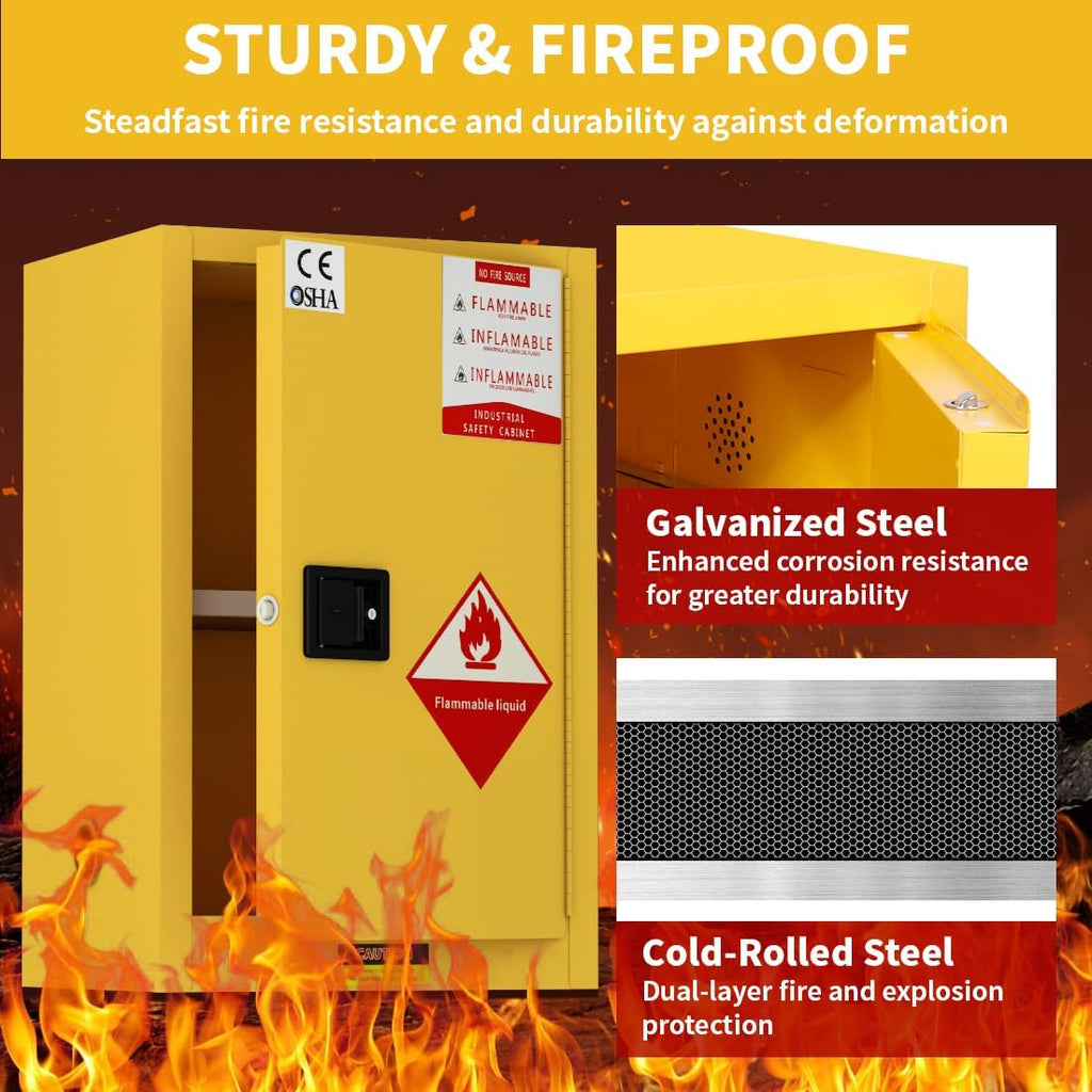 Flammable Safety Cabinet, 38' H x 28' D x 24' W, Yellow, Industrial, Slab Door, Floor Mount, Steel, Powder Coated, Adjustable Shelf, for Commercial Industrial Home Use, Tools, Laboratory