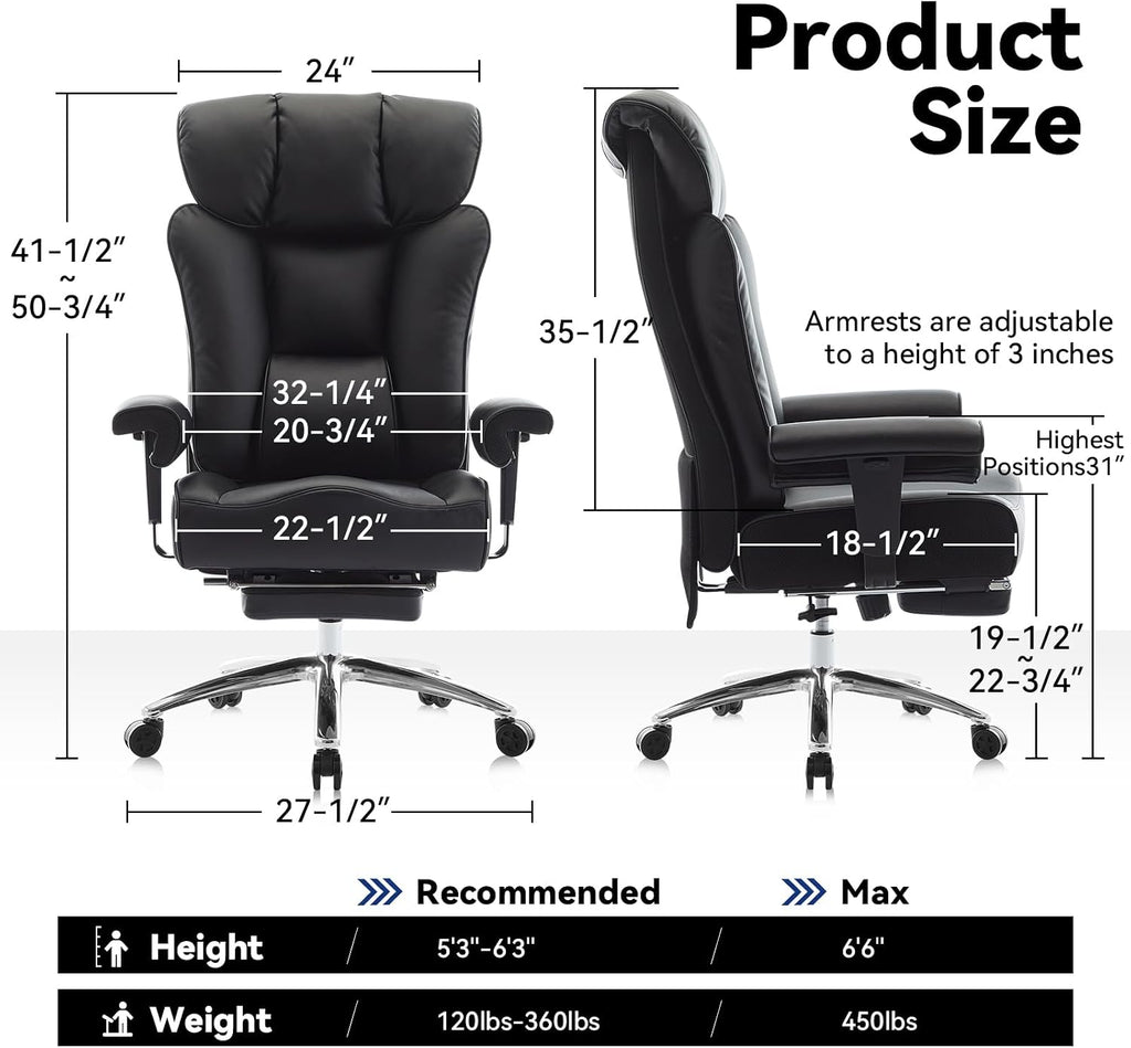 Efomao Big and Tall Office Chair with Footrest, 450lbs High Back Executive Chair with Spring Cushion, PU Leather Upholstery, Padded Armrests, Swivel Base, and Rolling Wheels – Black Computer Chair