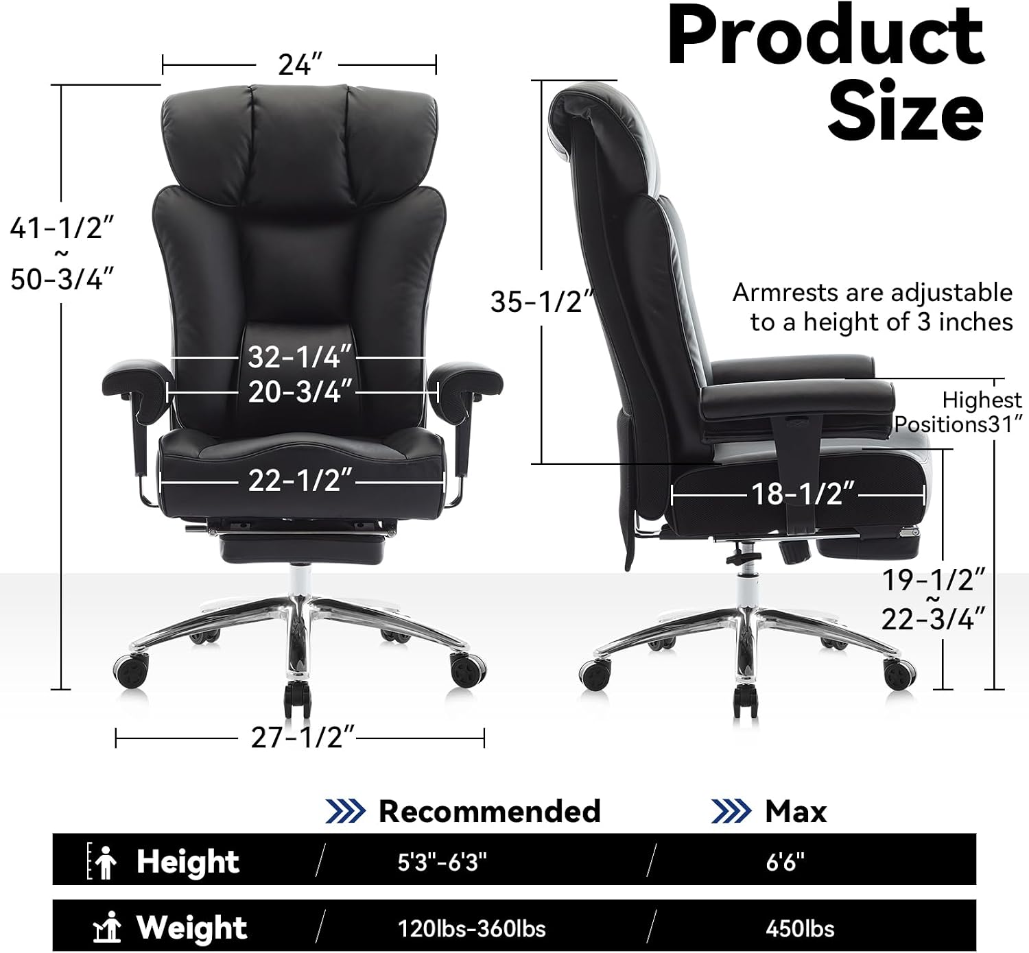 Efomao Big and Tall Office Chair with Footrest, 450lbs High Back Executive Chair with Spring Cushion, PU Leather Upholstery, Padded Armrests, Swivel Base, and Rolling Wheels – Black Computer Chair