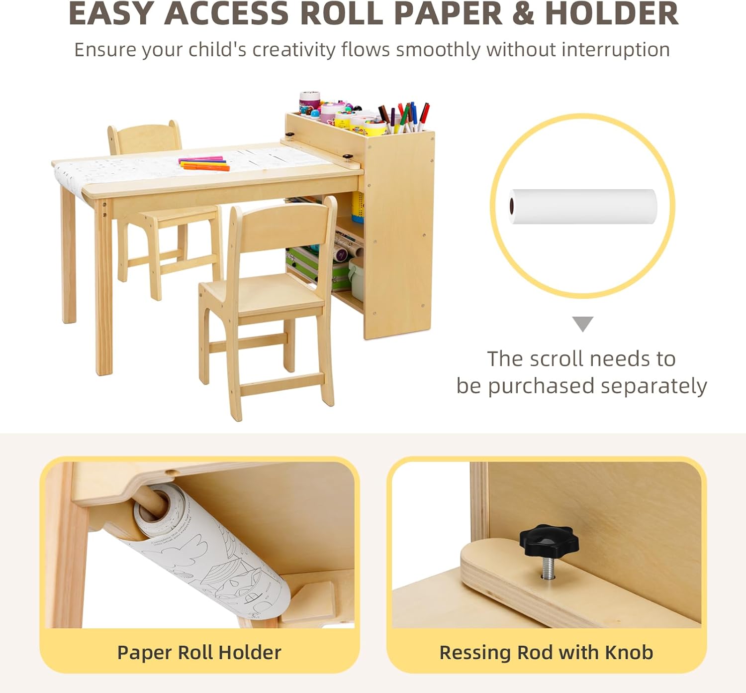 OOOK Kids Art Table and 2 Chairs, Toddler Activity Table with Large Storage Shelves, Wood Activity Desk for Writing Drawing Suitable for Playrooms & Classroom