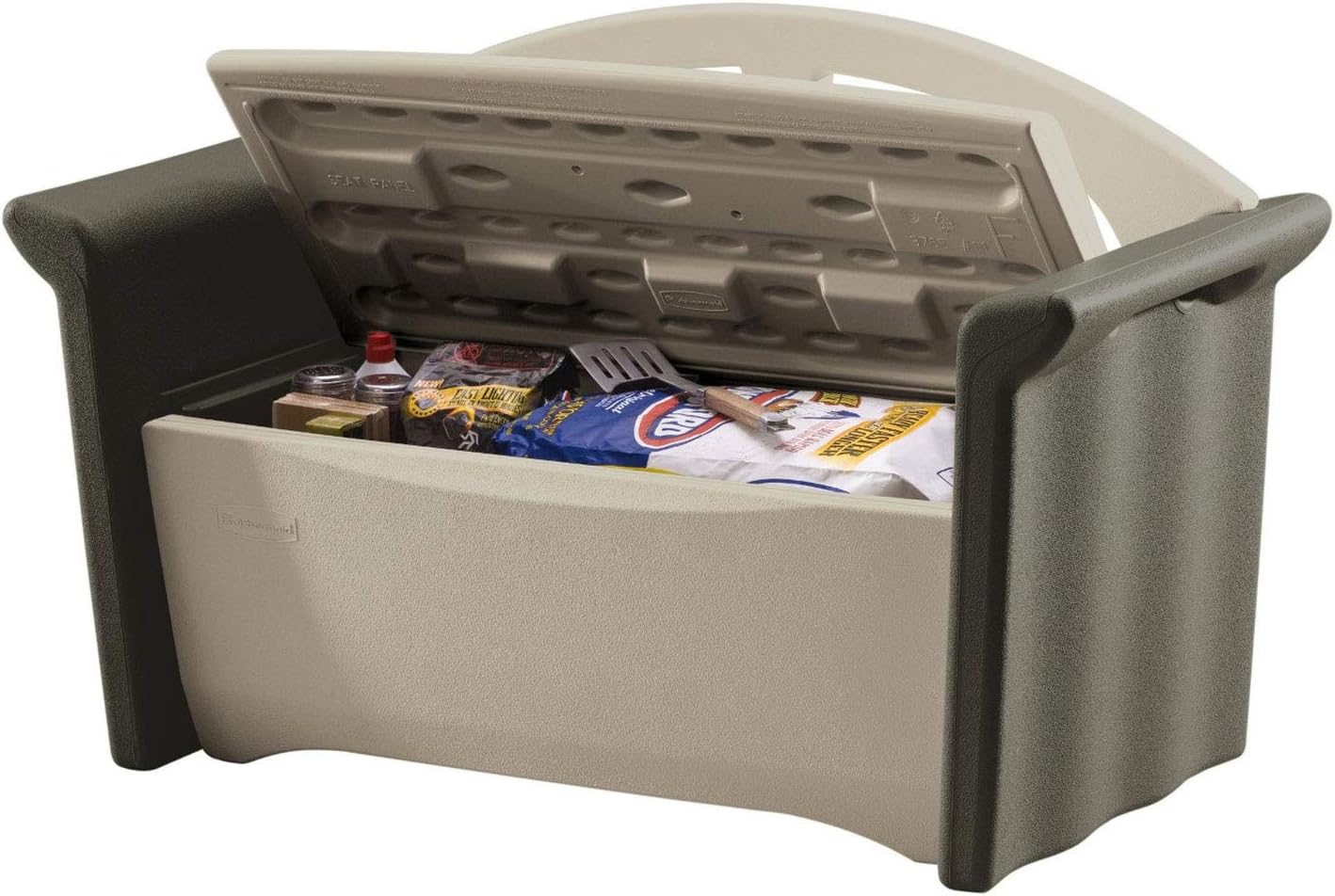 Rubbermaid Resin Outdoor Storage Bench (32 Gal), Weather Resistant, Brown/Grey, Deck Organization for Home/Backyard/Pool Chemicals/Toys/Garden Tools/Porch/Patio Cushions