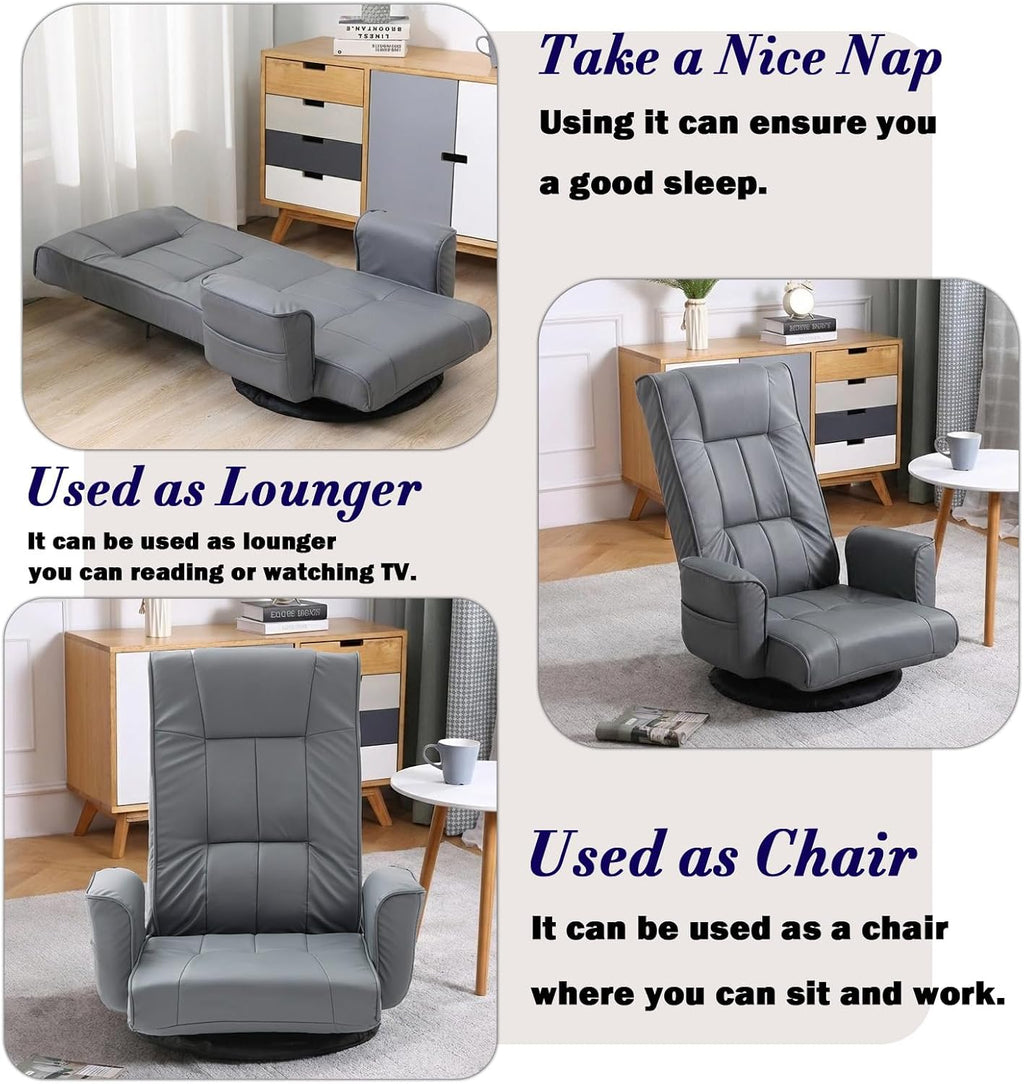 360 Degree Swivel Floor Chairs for Adults, Faux Leather Gaming Floor Chair with Back Support, 14 Angles Adjustable Comfortable Floor Lounge Chair Folding Video Game Chairs Office Bedroom