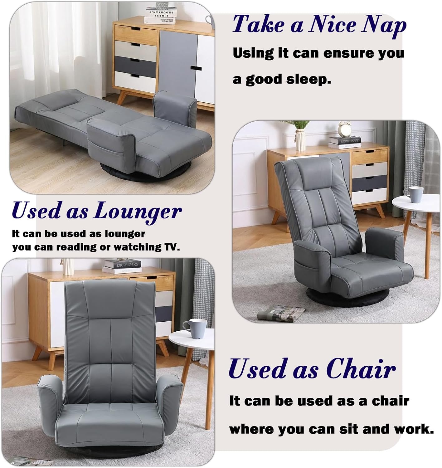 360 Degree Swivel Floor Chairs for Adults, Faux Leather Gaming Floor Chair with Back Support, 14 Angles Adjustable Comfortable Floor Lounge Chair Folding Video Game Chairs Office Bedroom