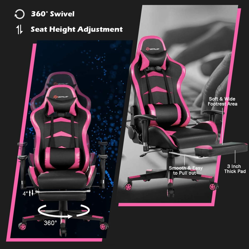 Goplus Massage Gaming Chair, Reclining Backrest, Handrails and Seat Height Adjustment Racing Computer Office Chair, High Back Ergonomic PU Leather Swivel PC Game Chair with Footrest