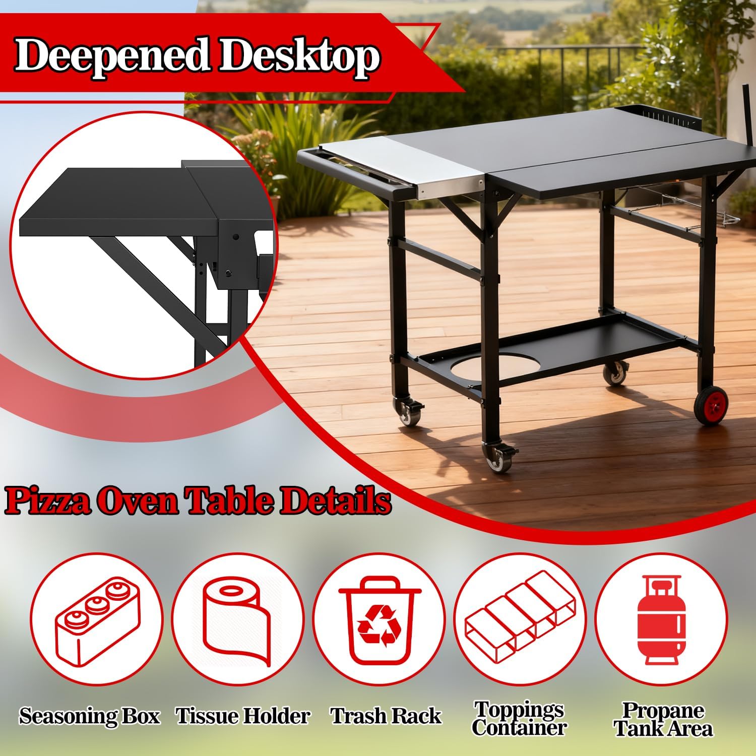 Grill Table for Oon Pizza Oven Accessories, Ninja Pizza Oven Table with Extendable Desk - Fit Gozney, Solo Stove, Durable Outdoor Grill Cart Stand with Food Prep Topping Station for Backyard