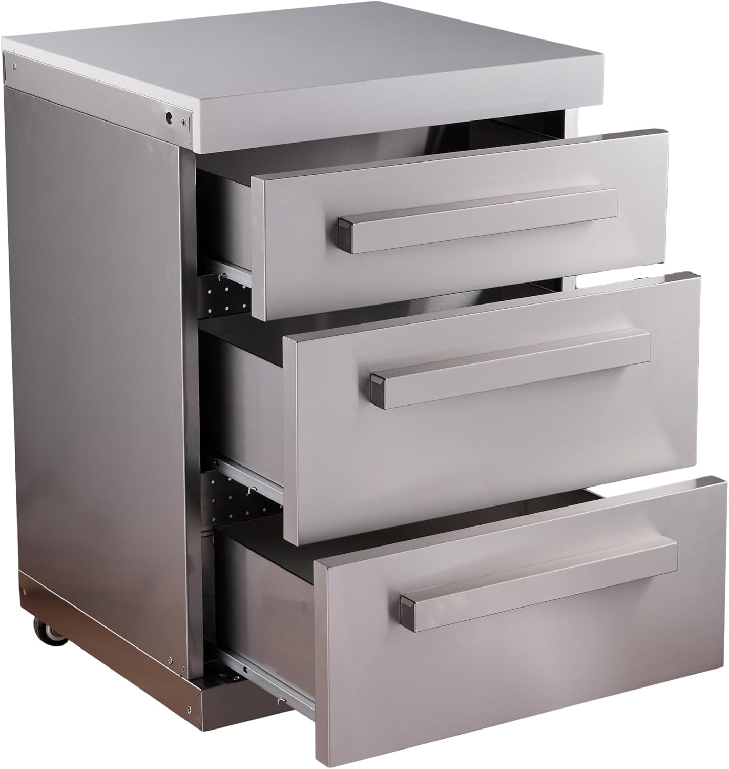 Mont Alpi Premium 25'W Extra Storage Soft-Closing 3-Drawer Slides Stainless Steel Cabinet Module for Original & Deluxe Series MAi805 & MAi400 Outdoor Kitchen Island Grills + White Granite Countertops
