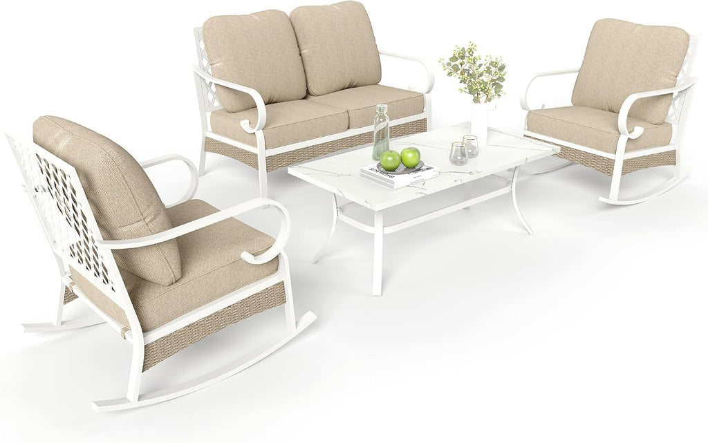 MIXPATIO 4 Piece Patio Furniture Set, 2 x Rocking Chair, 1 x 2-Seat Sofa with Marbling Coffee Table, All Cushioned 4 Seats Outdoor Conversation Set for Lawn Garden Backyard, Beige