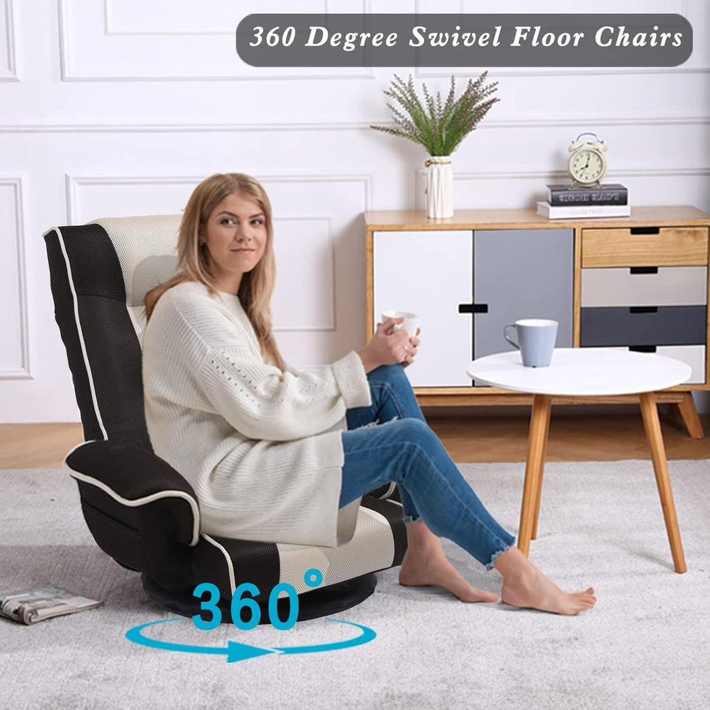 360 Swivel Gaming Floor Chair with Armrest Multi-Angle Folding Floor Chair Padded Backrest Lazy Sofa Lounge Chair for Living Room, Home Office QL201W-US-CO