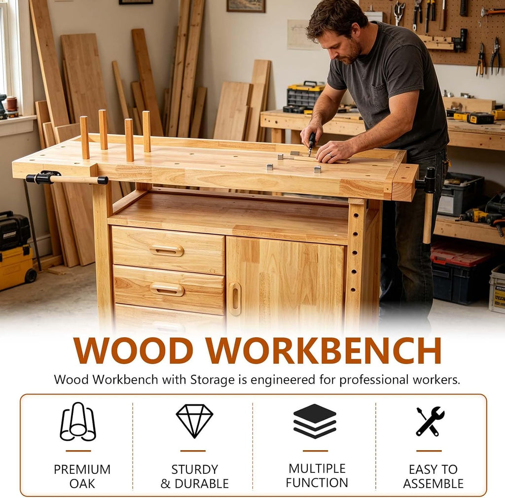 55' Rubber Wood Workbench, Heavy Duty Work Bench with Drawer& Shelf, Work Bench Table for Garage, Workshop, Home Storage, Woodworking Bench, 330 lbs Weight Capacity (50')