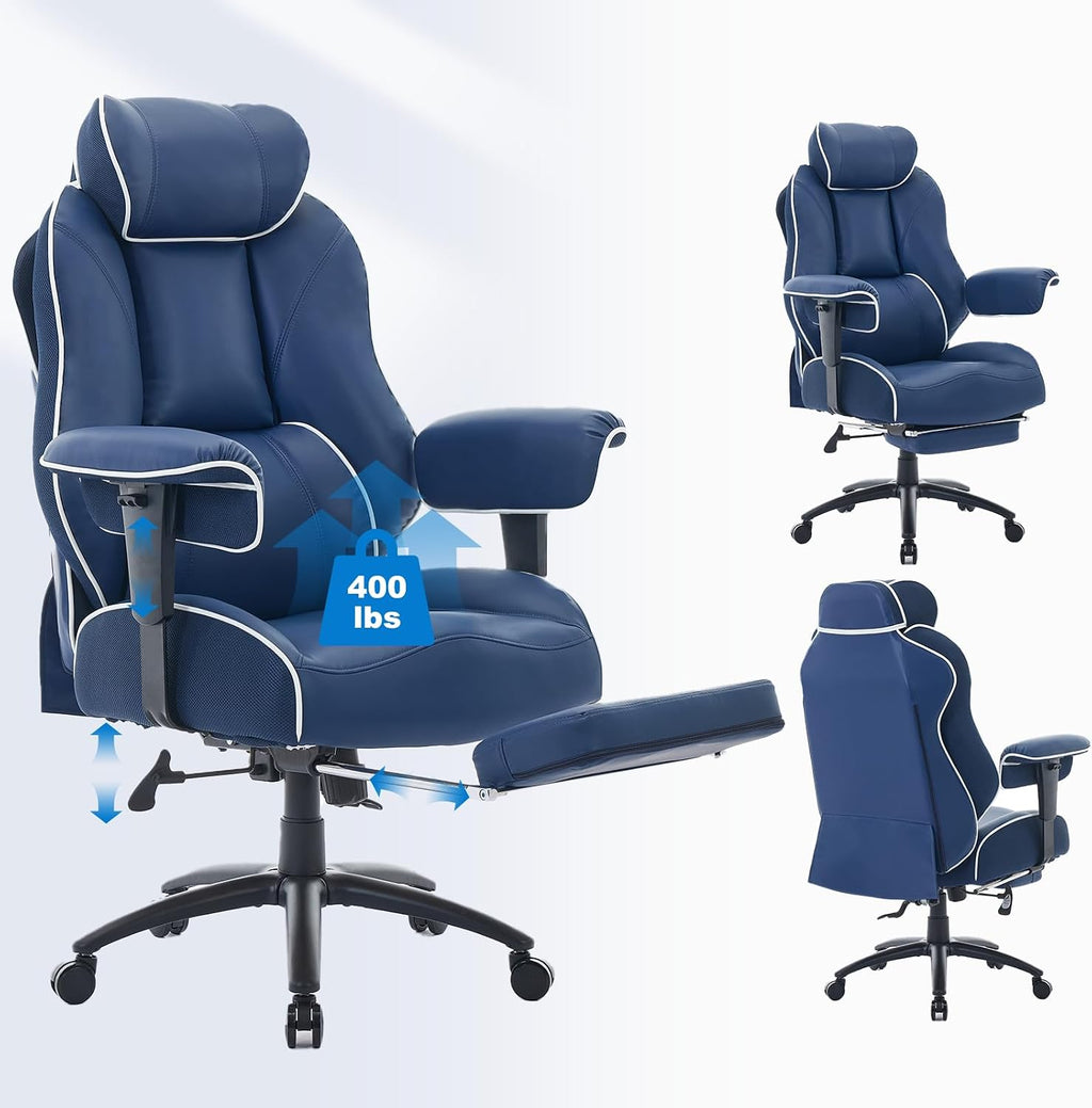 DJ·Wang Big and Tall Office Chair with Foot Rest, High Back Executive Office Chair PU Leather, Ergonomic Chairs with Lumbar Support, 135° Reclining Chairs with Thickened Spring Cushion Blue