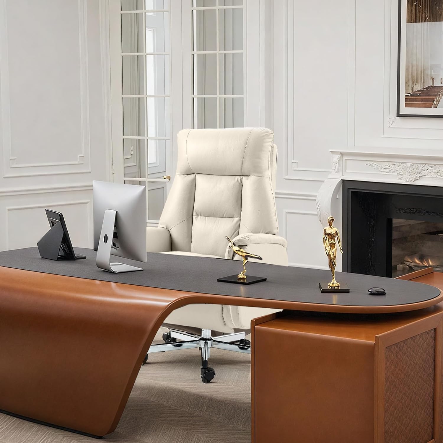 ECOTOUGE Electric Office Chair with USB Charging, Recliner Executive Office Chair with Footrest, Big and Tall High-Back Computer Chair, 400LBS Weight Capacity, Microfiber, Beige