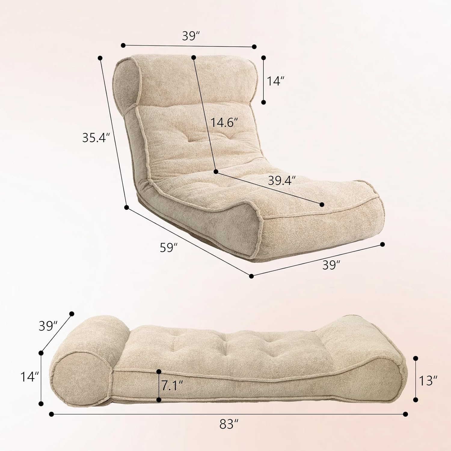 Dineli 83'' Floor Chair with Back Support Meditation Chair Couch Recliner w Adjustable Backrest Lazy Floor Lounger Gaming Chair for Adults Sofa Bed Sleeper Chair Chaise Lounge Chair Indoor, Camel