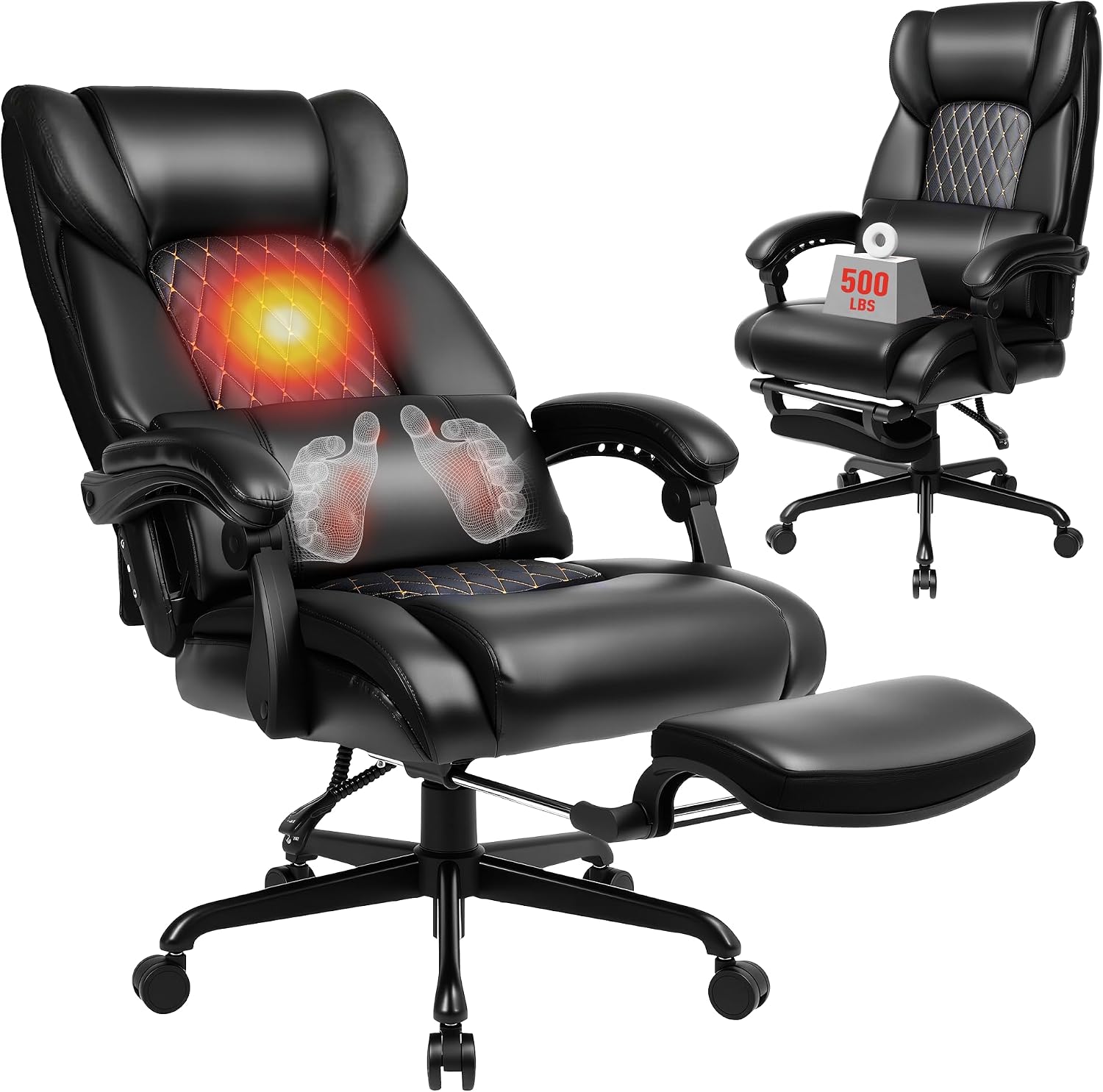 3D Kneading Massage Office Chair with Heat, 500 lbs Big and Tall Executive Computer Desk Recliner, Leather Electric Heated Chair with Footrest, Black