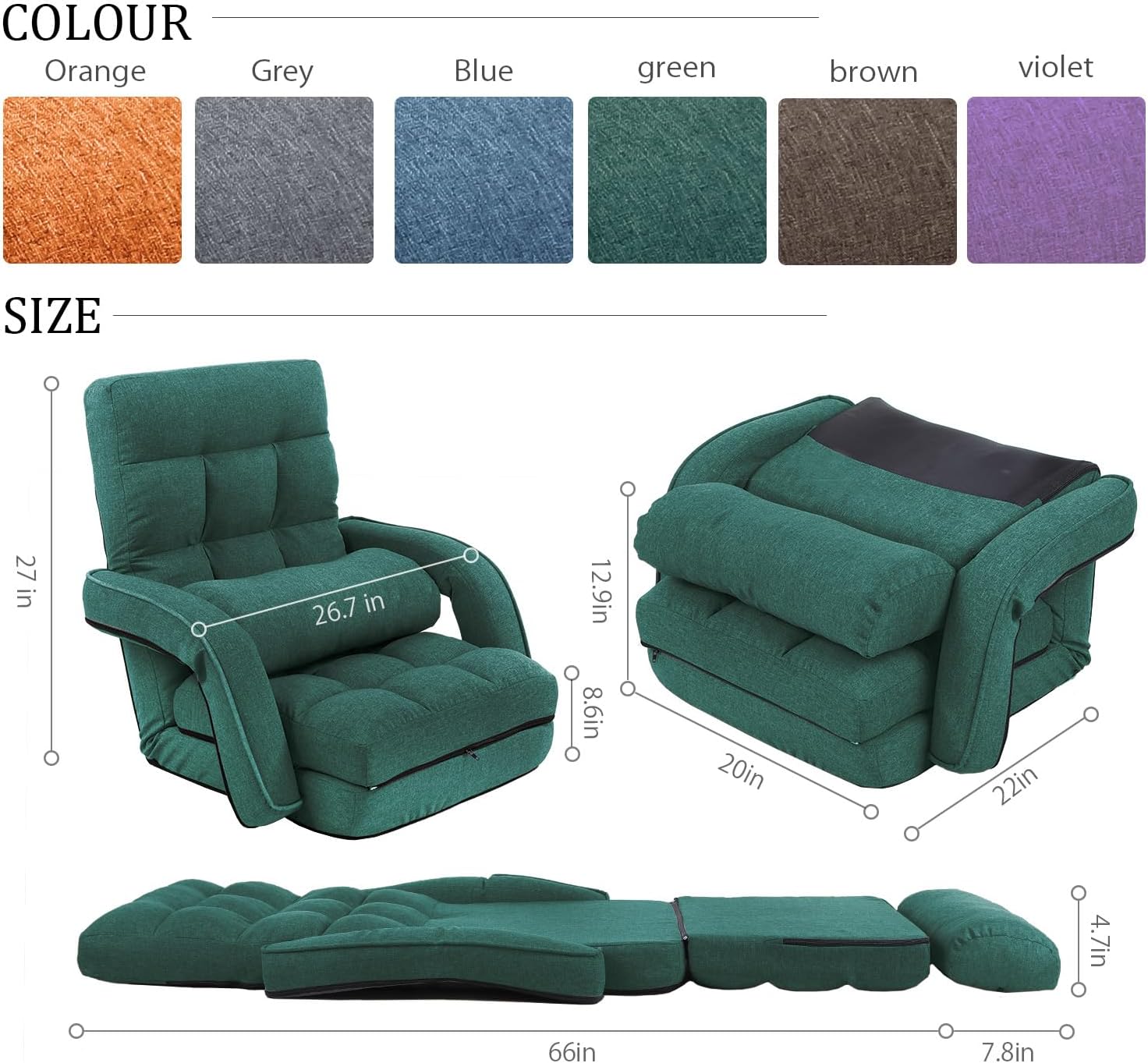 42-Position Adjustable Floor Chair, Chaise Lounge Chair Indoor,Comfy Folding Lazy Sofa Chair for Adults with Armrests and a Pillow Padded,Gaming Chairs for Living Room,Bedroom,Fabric,Green