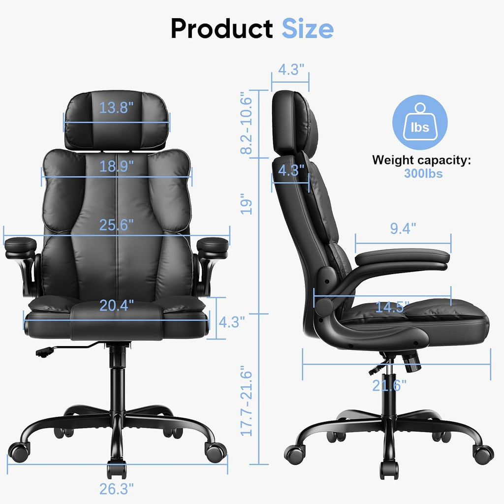 Kensaker Ergonomic Executive Office Chair with Adjustable Headrest & 90° Flip-Up Arms, High Back PU Leather Computer Desk Chair with 135° Rocking & Double Padding for Home Office Comfort, Black
