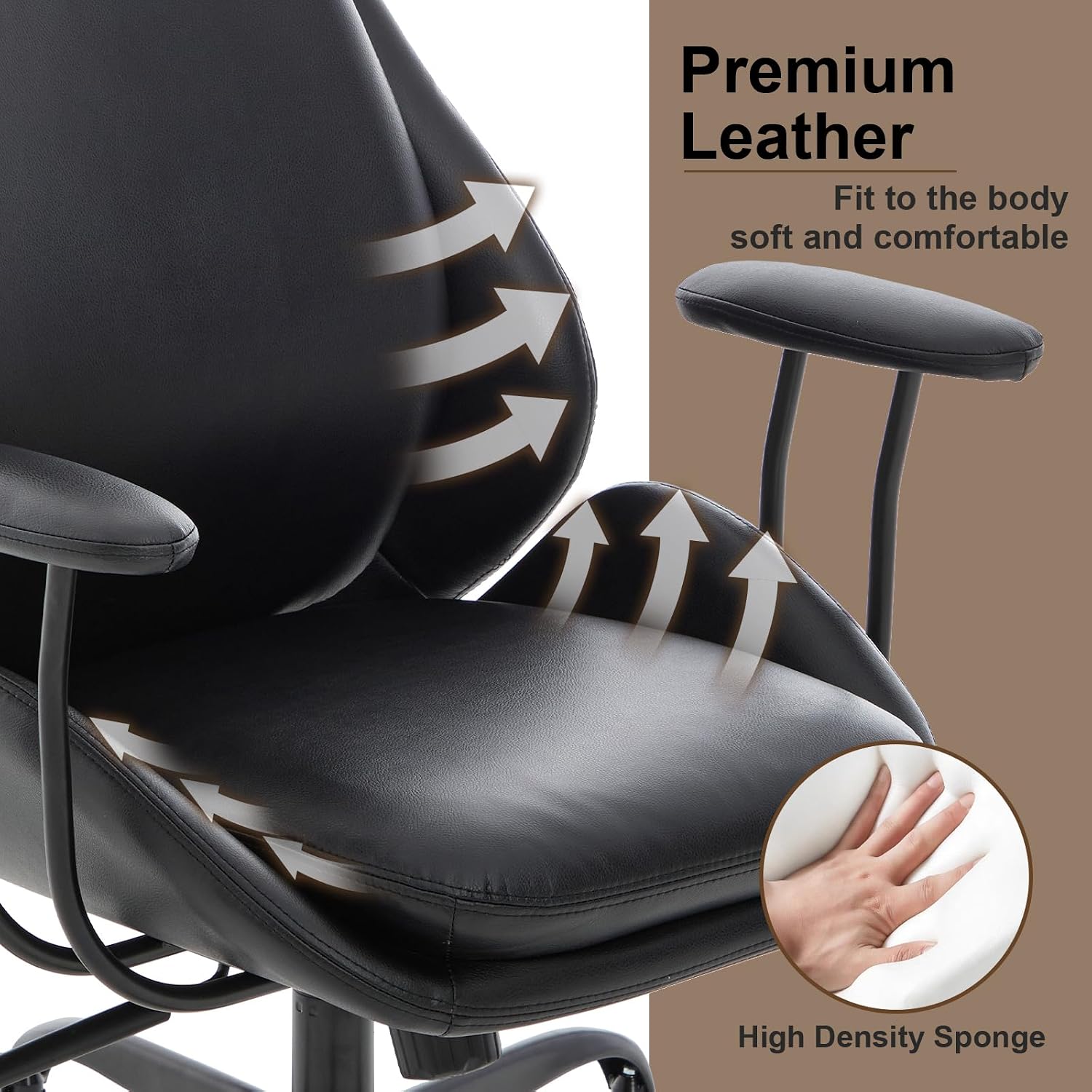 E-Motie Office Chair, Leather Desk Chair with Rubber Wheels, Ergonomic Computer Chair 500 LBS with Lumbar Support, High Back Executive Chair for Modern Home Office, Black
