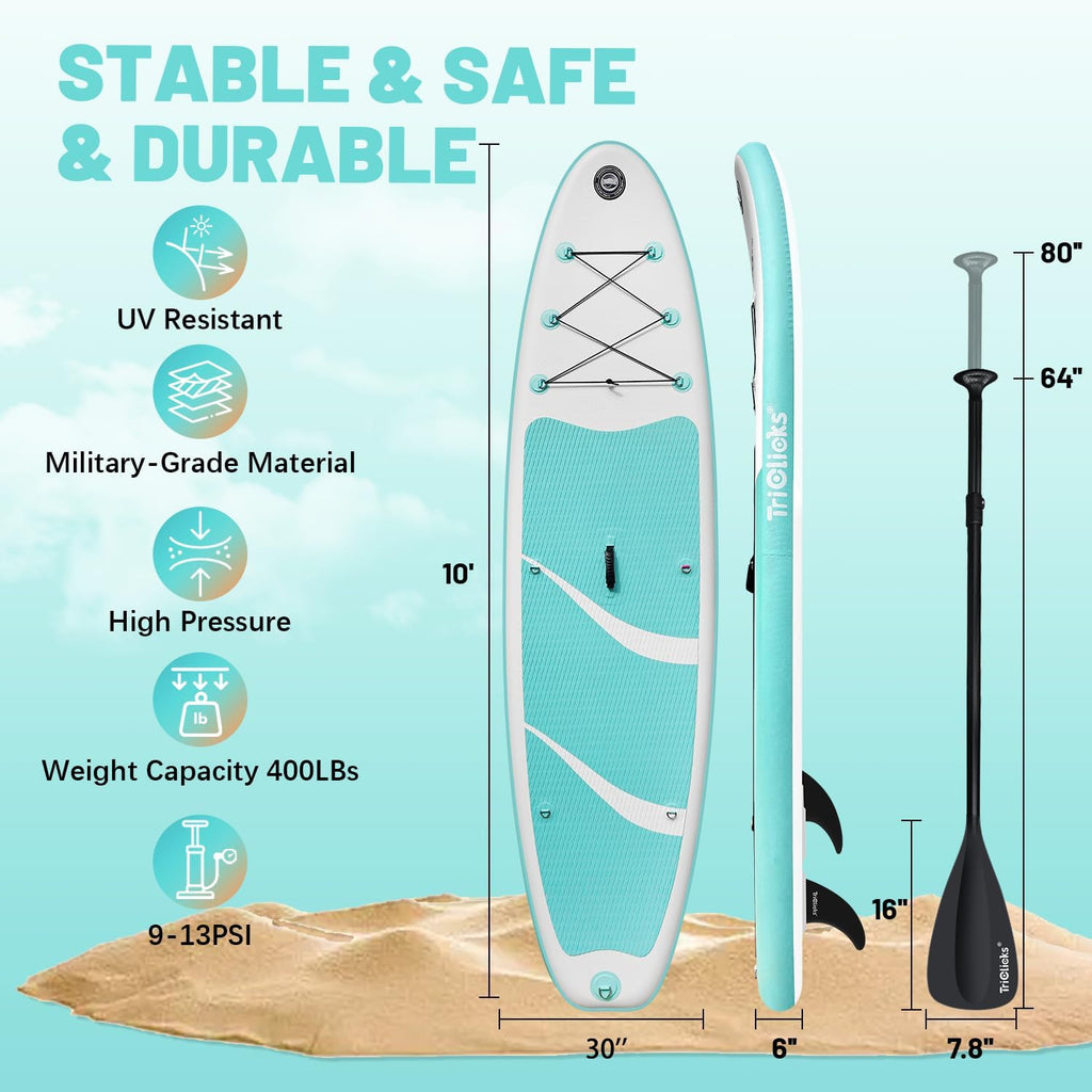 Triclicks Inflatable Stand Up Paddle Board 10ft Surfing Board Kit for Adults, Premium SUP Complete Kit with Adjustable Paddle Hand Pump Fin Leash Backpack