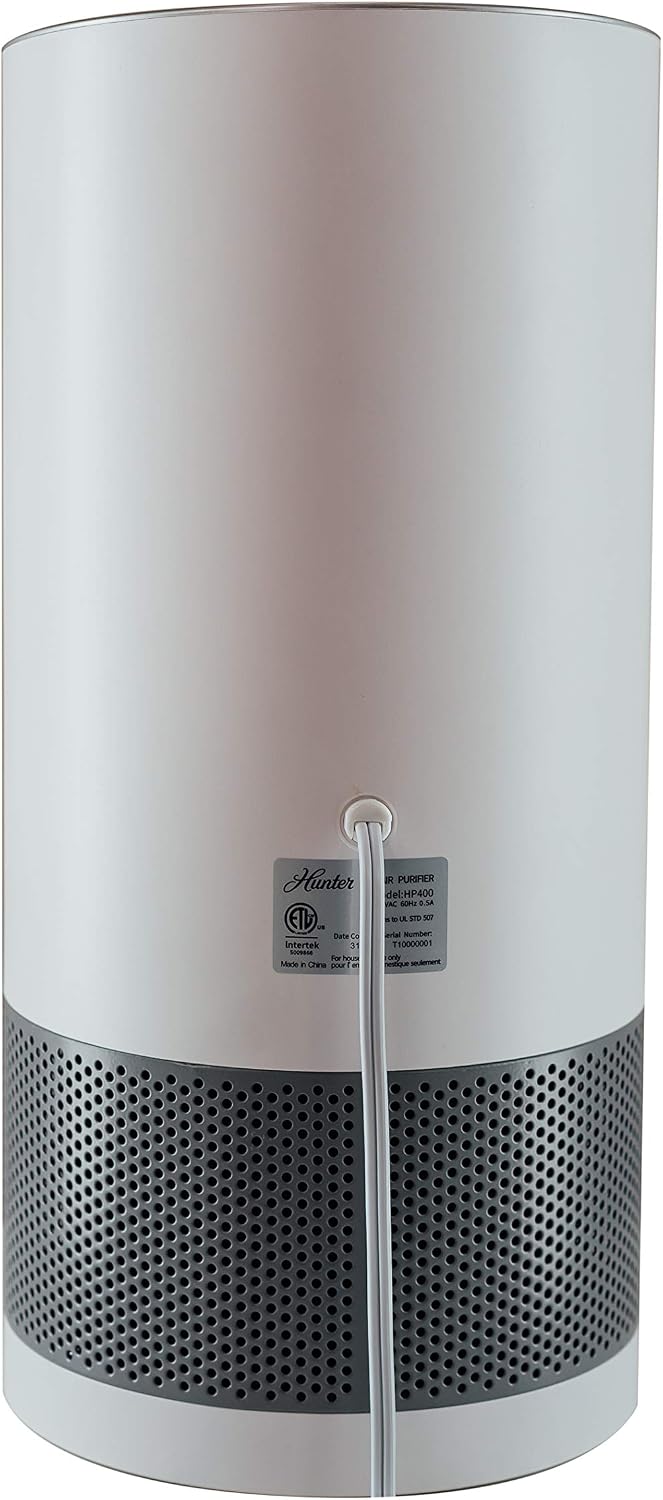 Hunter Fan Company HP400 Round Tower Air Purifier for Small Rooms, Featuring True HEPA Filtration and EcoSilver® Pre-Filter for Allergy and Asthma Relief, White and Silver